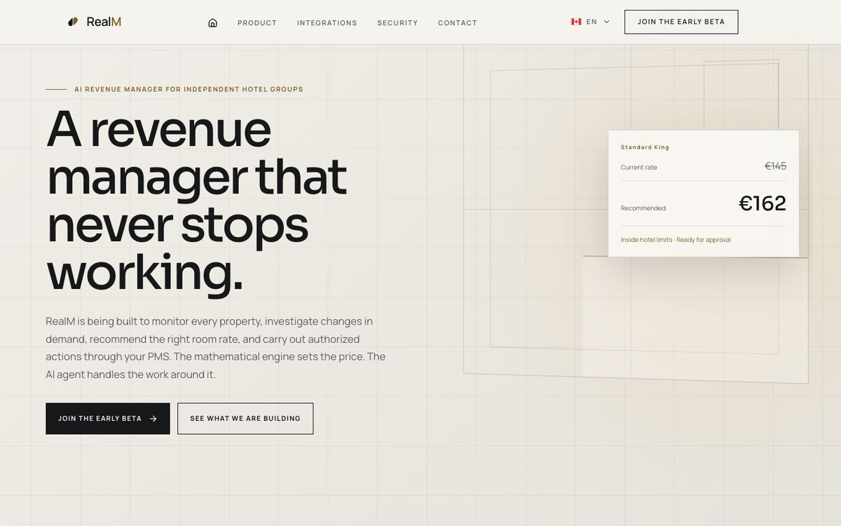 RealM website showing the headline “A revenue manager that never stops working” beside a recommended room rate of €162.