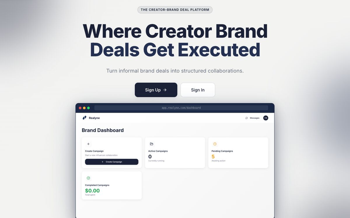 The Realyne platform showing the headline “Where Creator Brand Deals Get Executed” above a brand campaign dashboard.